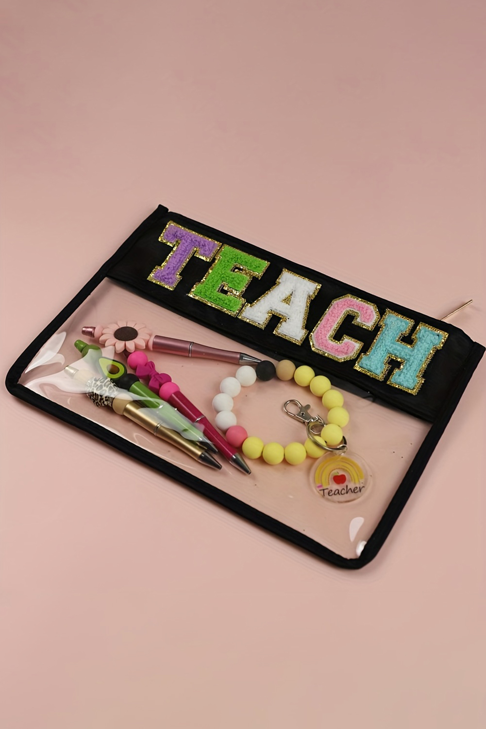 Black TEACH Glitter Chenille Clear PVC Makeup Bag - loveforevers