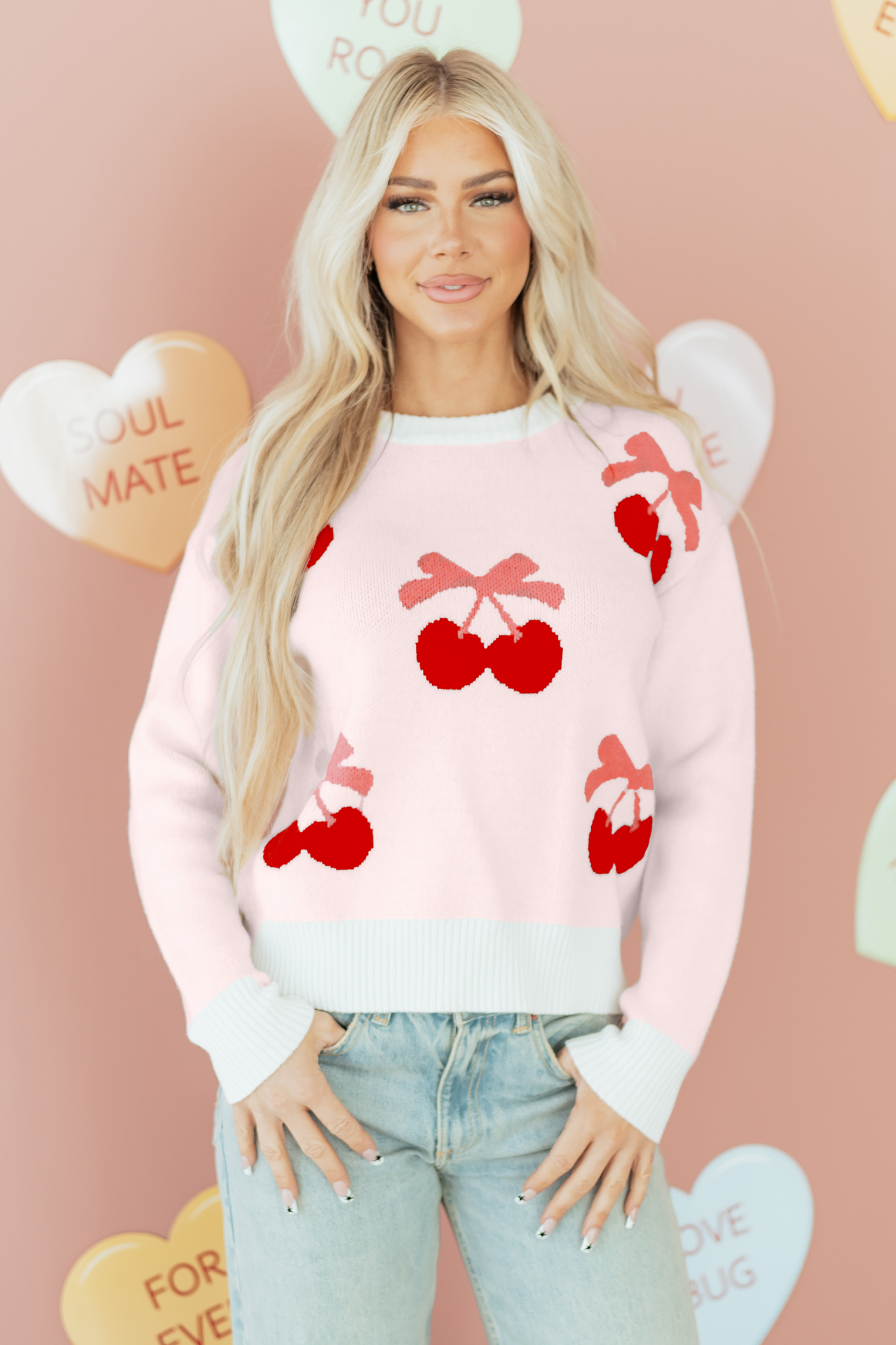 White Cherry Pattern Drop Shoulder Sweater - loveforevers