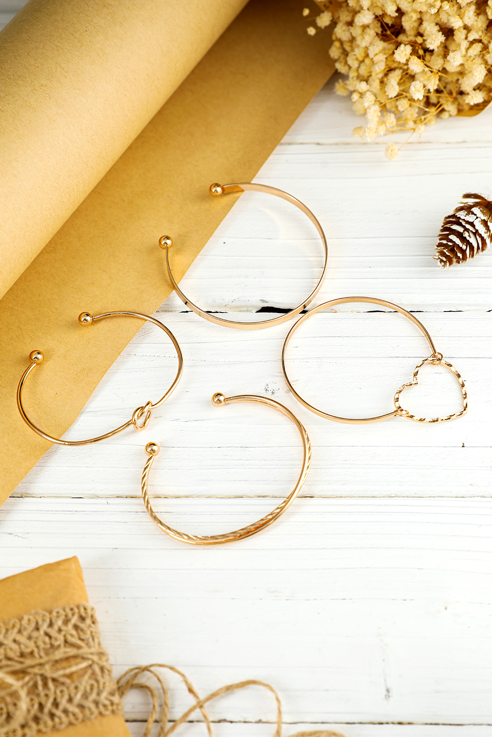 Gold Heart Knot Plated Multi Layer Open Cuff Bracelet Set - loveforevers