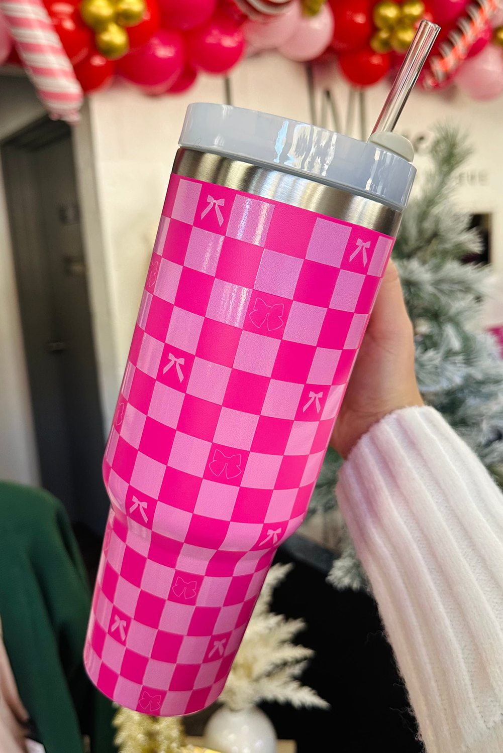 Bright Pink Bow Knot Checkered Print Large Stainless Steel Tumbler - loveforevers