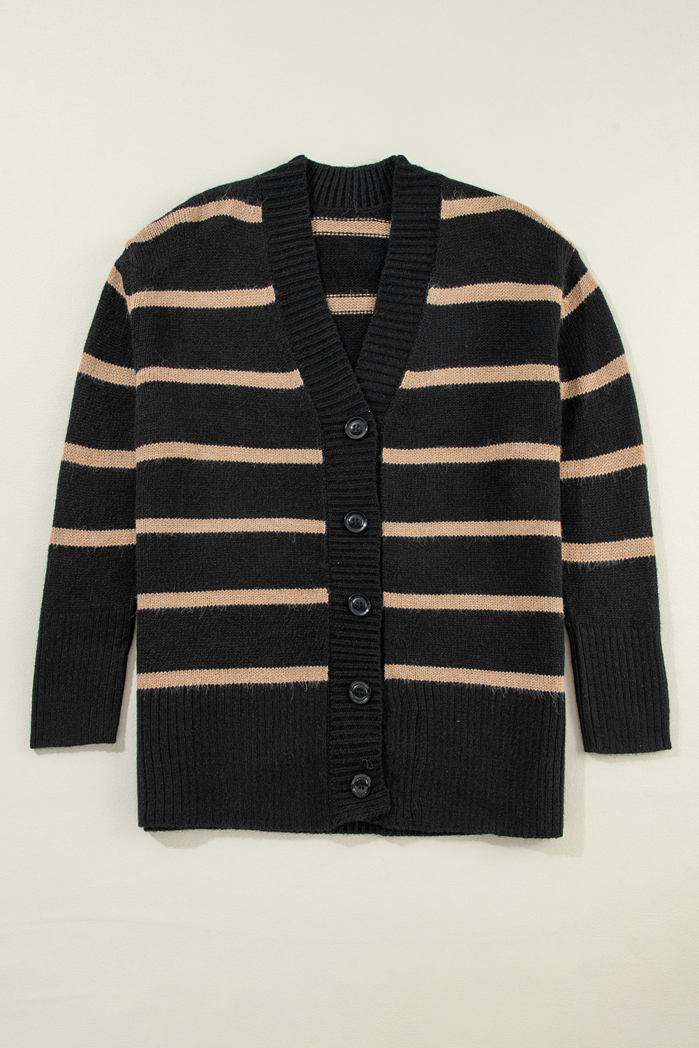Black Stripe Buttoned V Neck Drop Shoulder Loose Cardigan - loveforevers