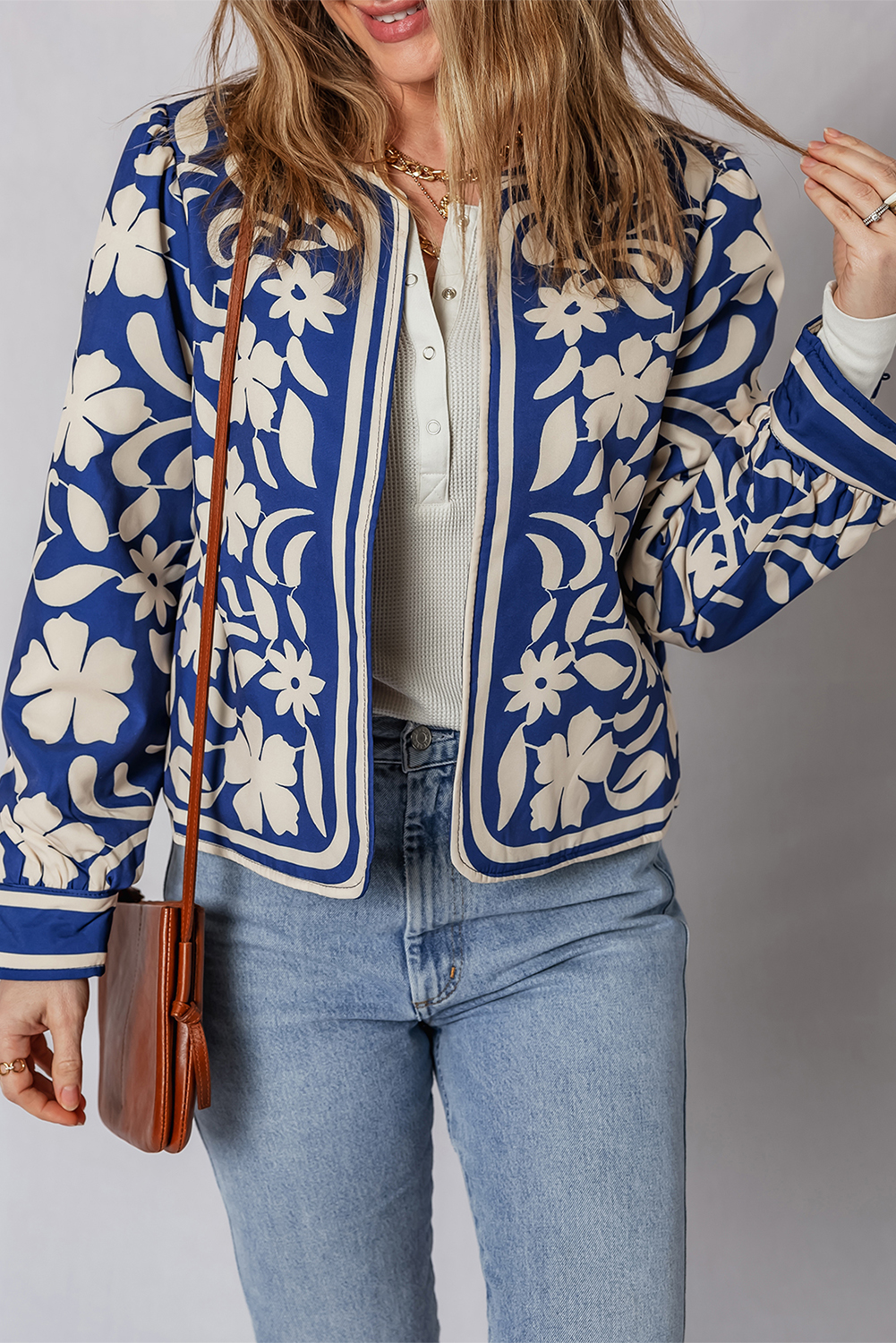 Blue Flower Print Open Front Buttoned Cuffs Elegant Jacket - loveforevers