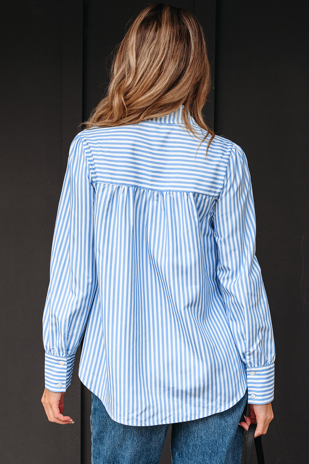 Sky Blue Stripe Shirred Detail Half Placket Collared Long Sleeve Fall Shirt - loveforevers