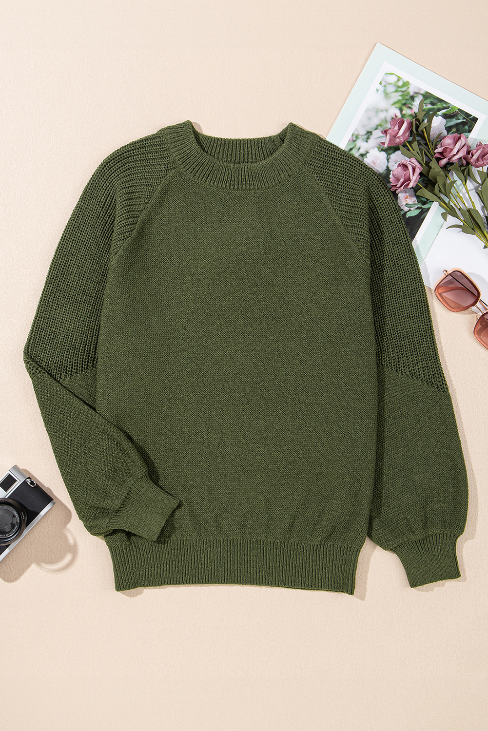 Vineyard Green Chunky Knit Raglan Sleeve Pullover Sweater - loveforevers