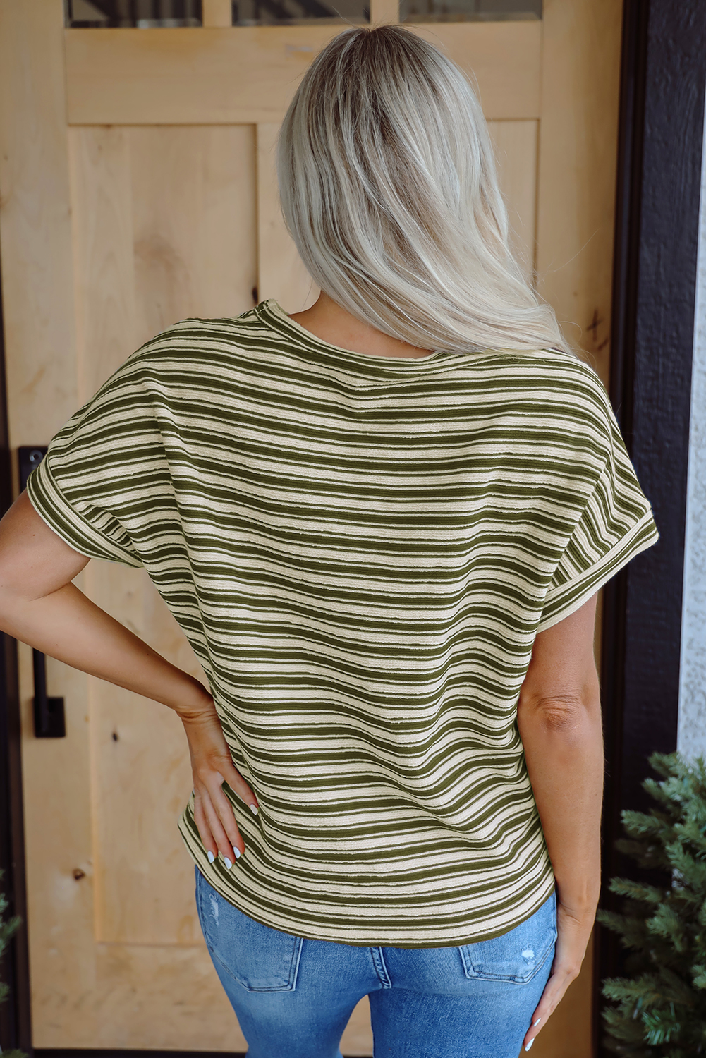 Green Stripe Textured Side Slits Crew Neck T Shirt - loveforevers