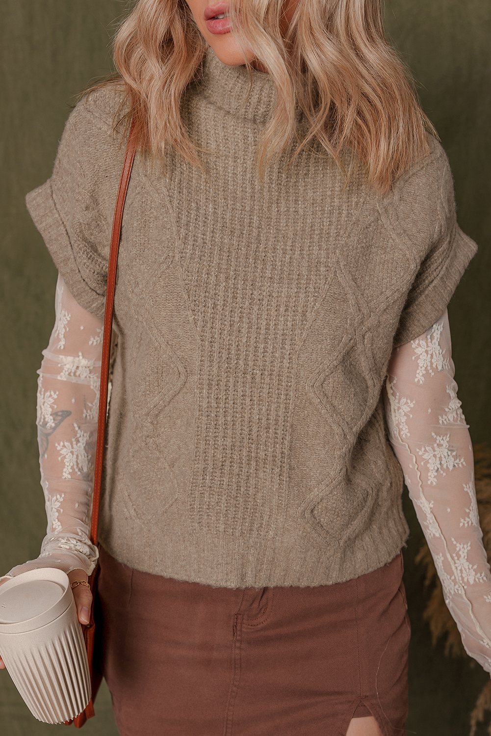 Smoke Gray Textured Knit High Neck Sweater T Shirt - loveforevers