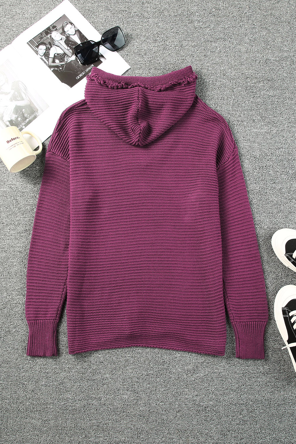 V Neck Ribbed Drop Shoulder Hooded Sweater - loveforevers