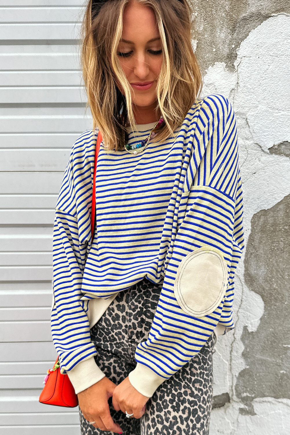 Blue Stripe Textured Elbow Patched Crew Neck Drop Shoulder Sweatshirt - loveforevers