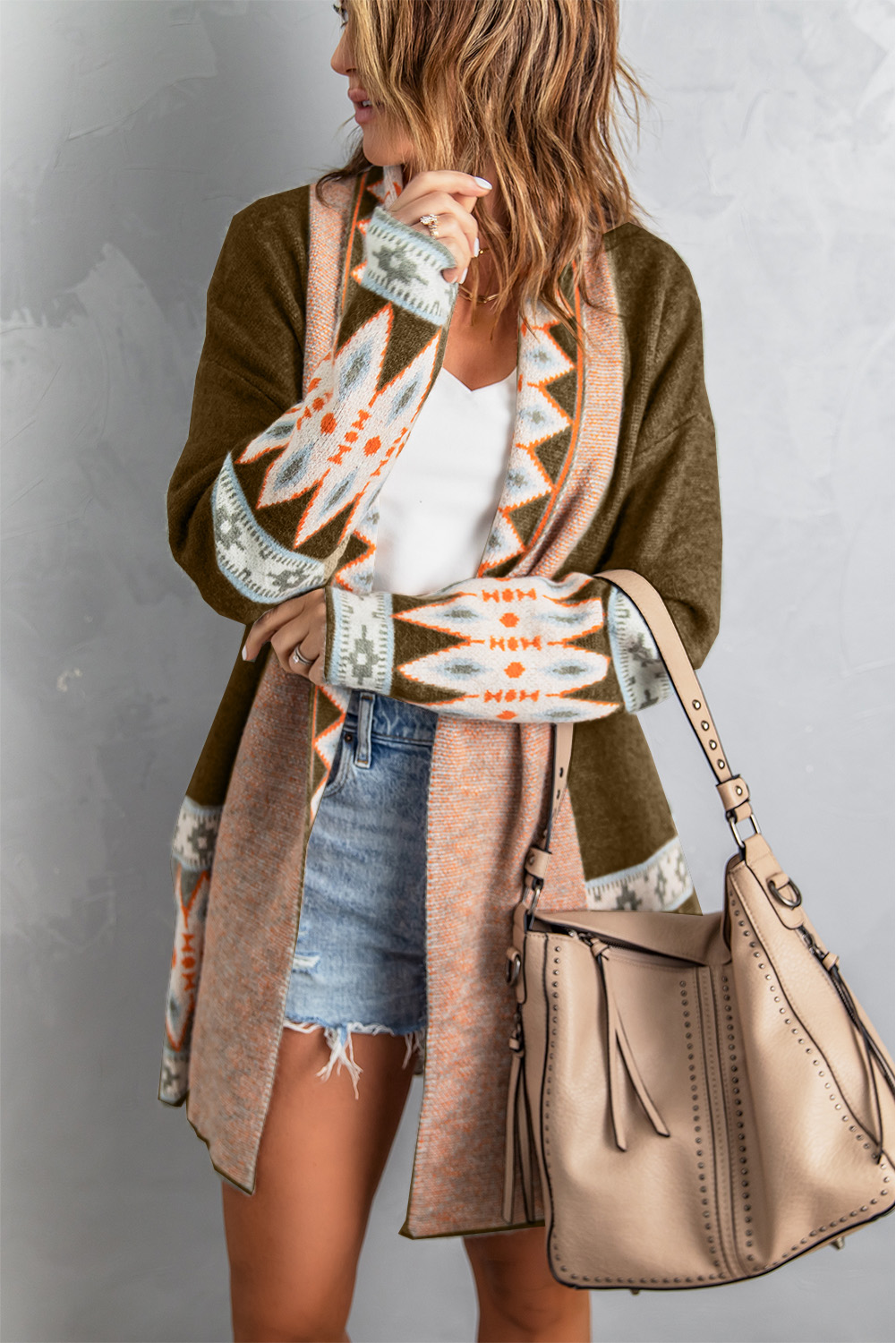 Brown Aztec Print Open Front Knitted Cardigan - loveforevers