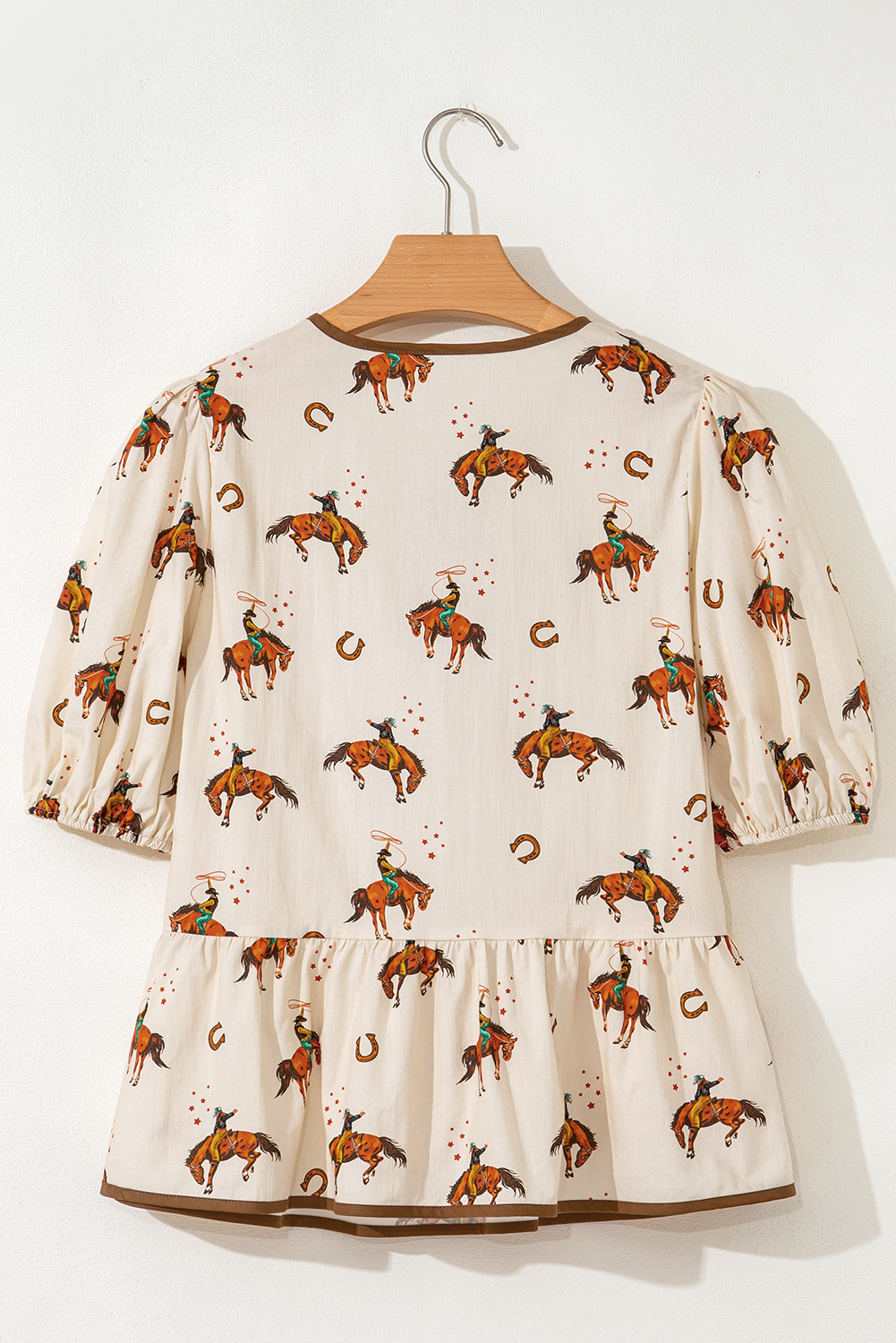 Apricot Cowboy Print Puff Sleeve Bowknot Peplum Blouse - loveforevers