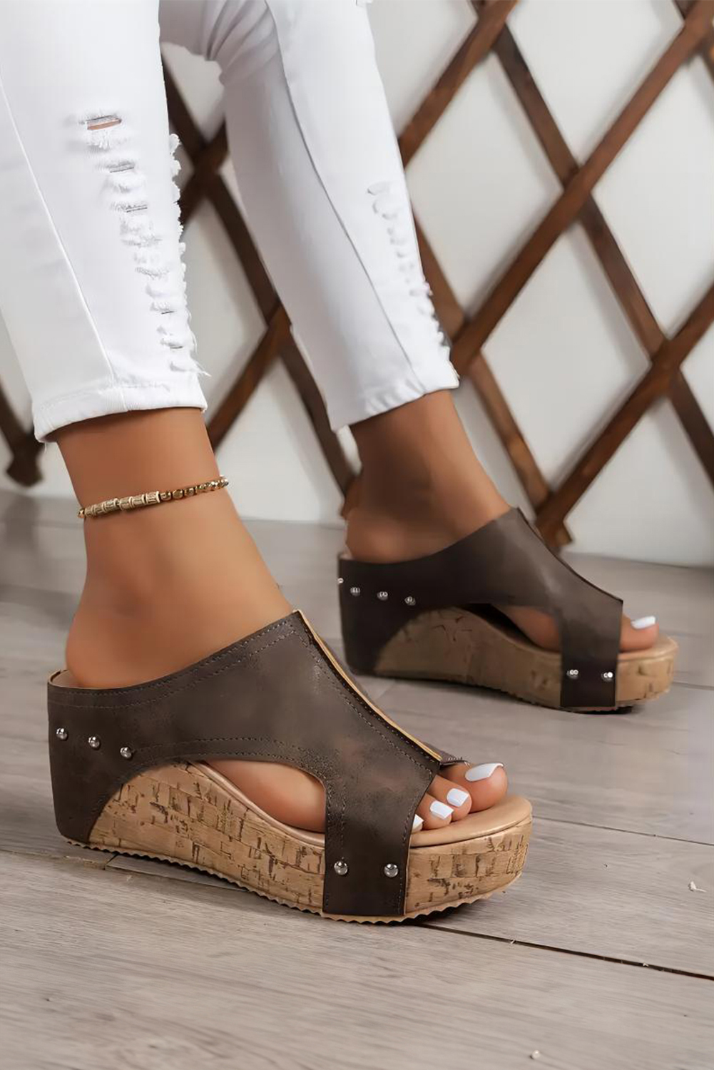 Chestnut Hollow Out Studded PU Leather Wedge Slippers - loveforevers