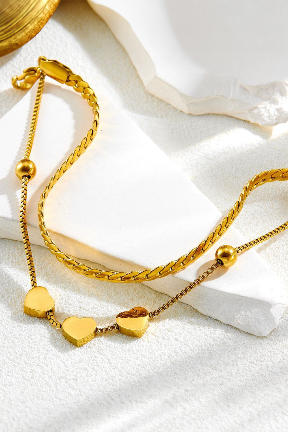 Gold Triple Heart Double Layer Adjustable Chain Bracelet - loveforevers