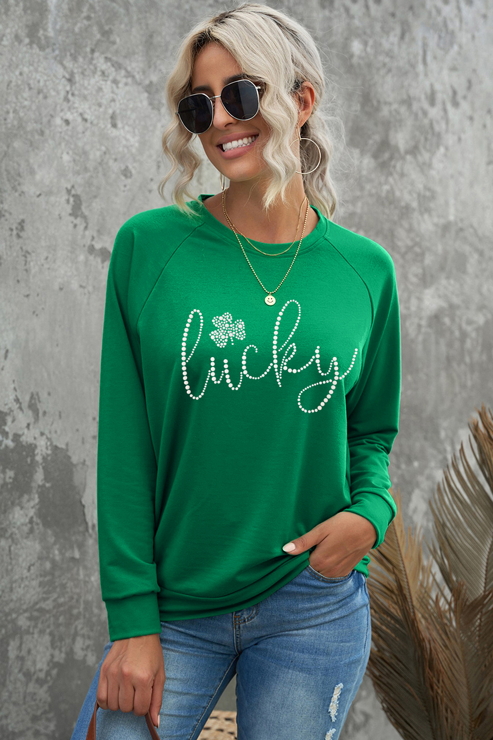 Green Rhinestone lucky Clover Graphic St Patrick Pullover Sweatshirt - loveforevers