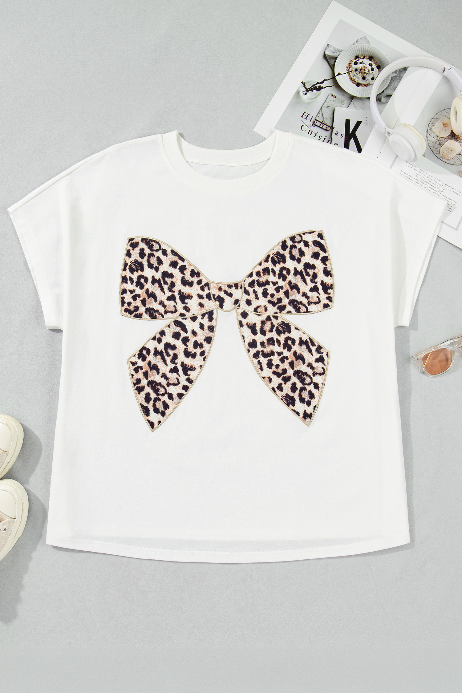 Pink Leopard Bow Embroidered Cotton Round Neck T Shirt - loveforevers