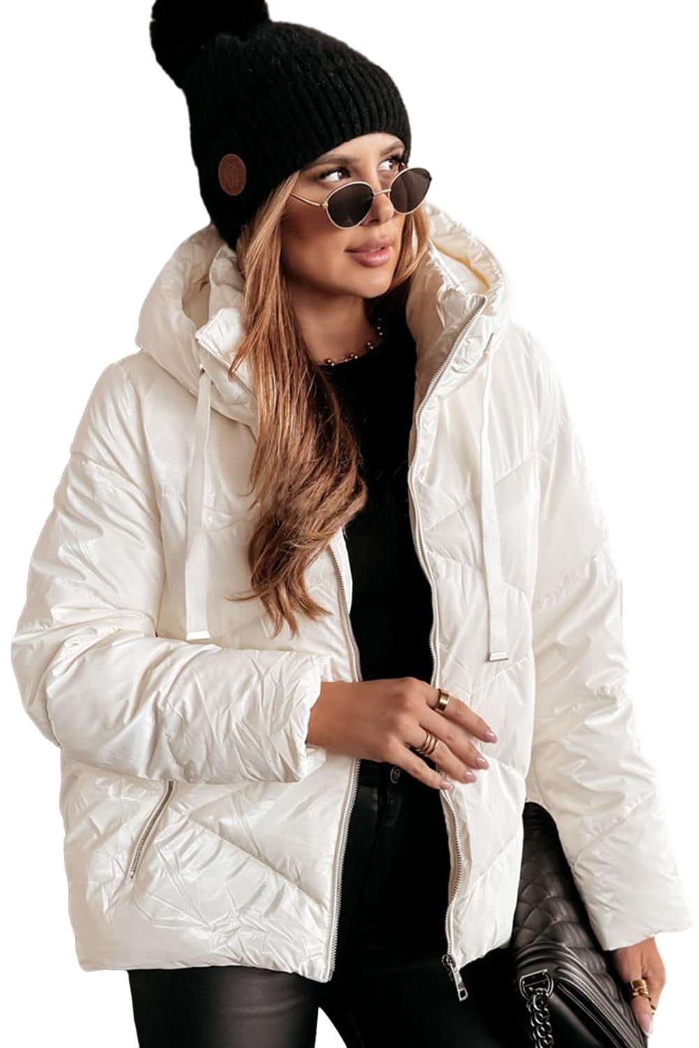 White Solid Quilted Hooded Zip Up Puffer Coat - loveforevers