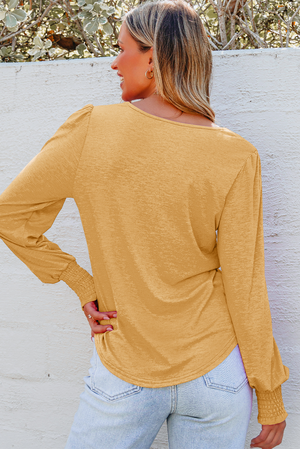 Beige Shirred Shoulder Frilled Cuffs Long Sleeve Top - loveforevers