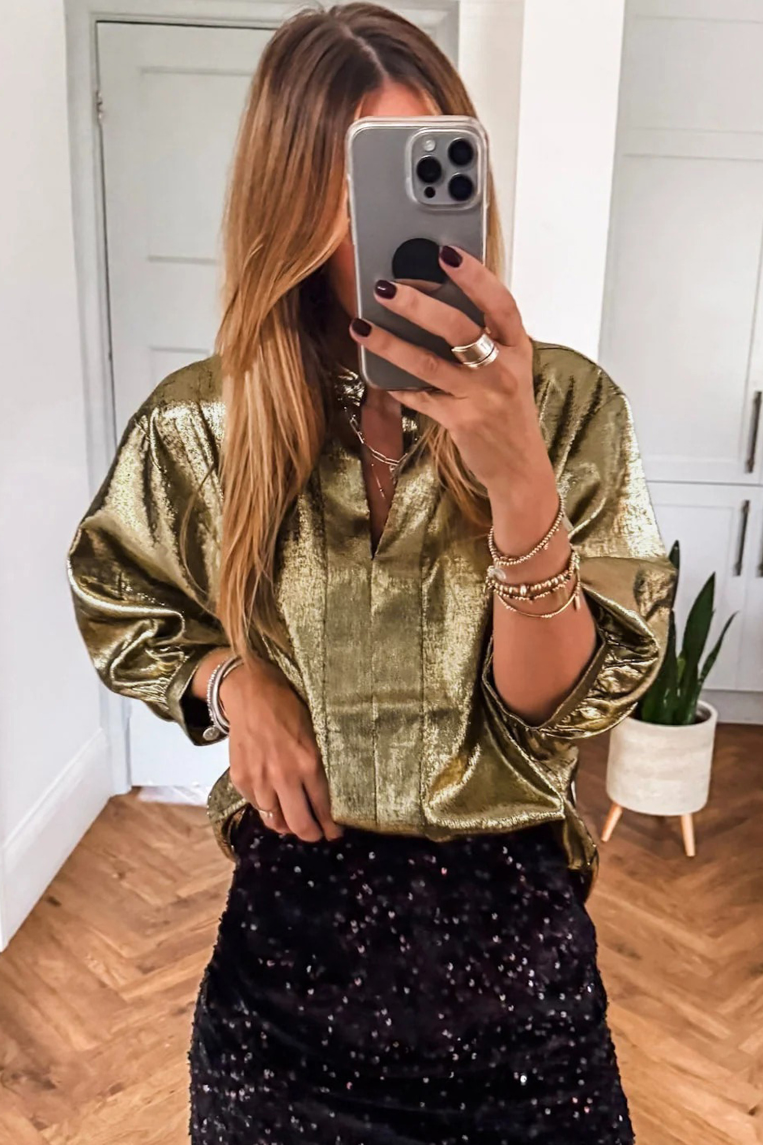 Apricot Metallic Round Neck Smocked Long Sleeve Blouse - loveforevers