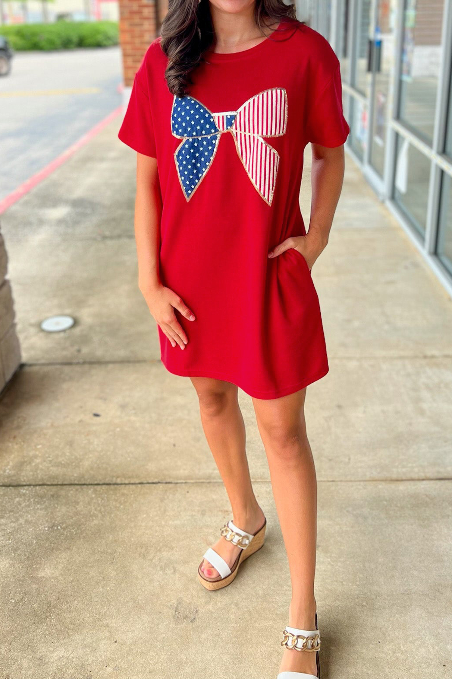 Fiery Red Sequin Trim Stars and Stripes Bow Patched T Shirt Mini Dress - loveforevers