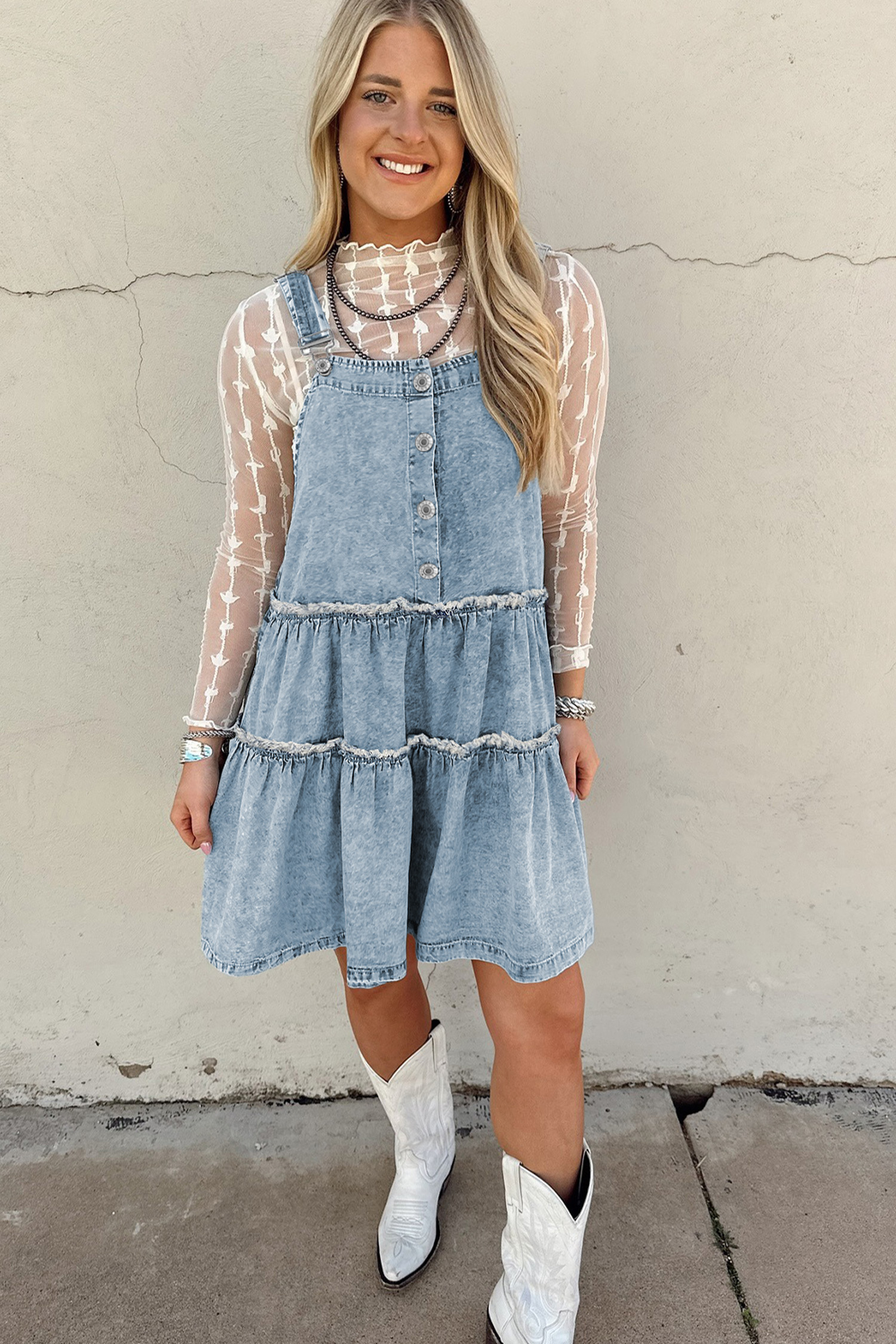 Dusk Blue Light Wash Tiered Flowy Overall Denim Dress - loveforevers